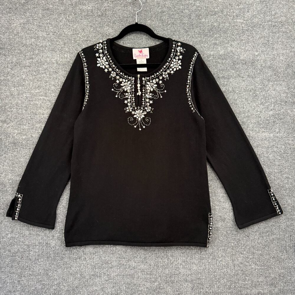 Vintage Quacker Factory Embellished Sweater Womens M Black Ornate Silver Bead